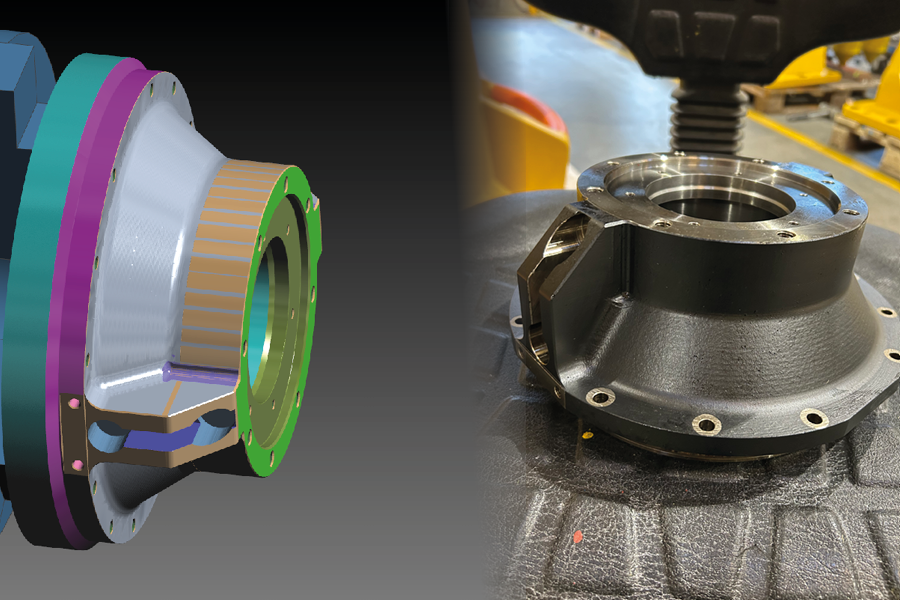produktbilde Edgecam modell ved siden av ferdig maskinert del